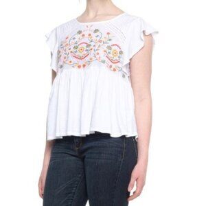 ❤️❤️❤️Women's Embroidered Blouse Sz S Lucky Brand Knit Embroidered White Floral